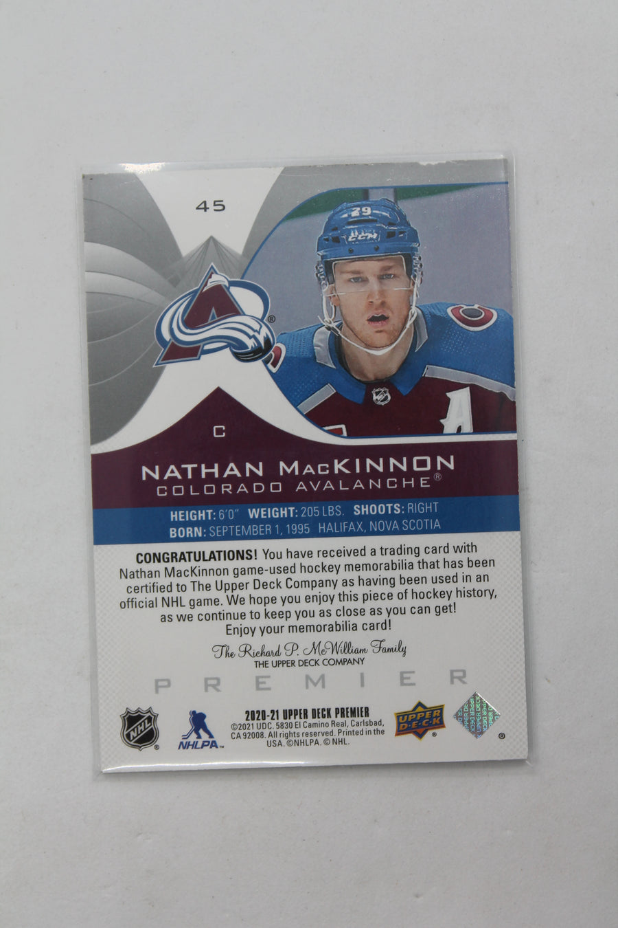 Nathan MacKinnon 2020-21 Upper Deck Premier - Jerseys #45 Jersey Card