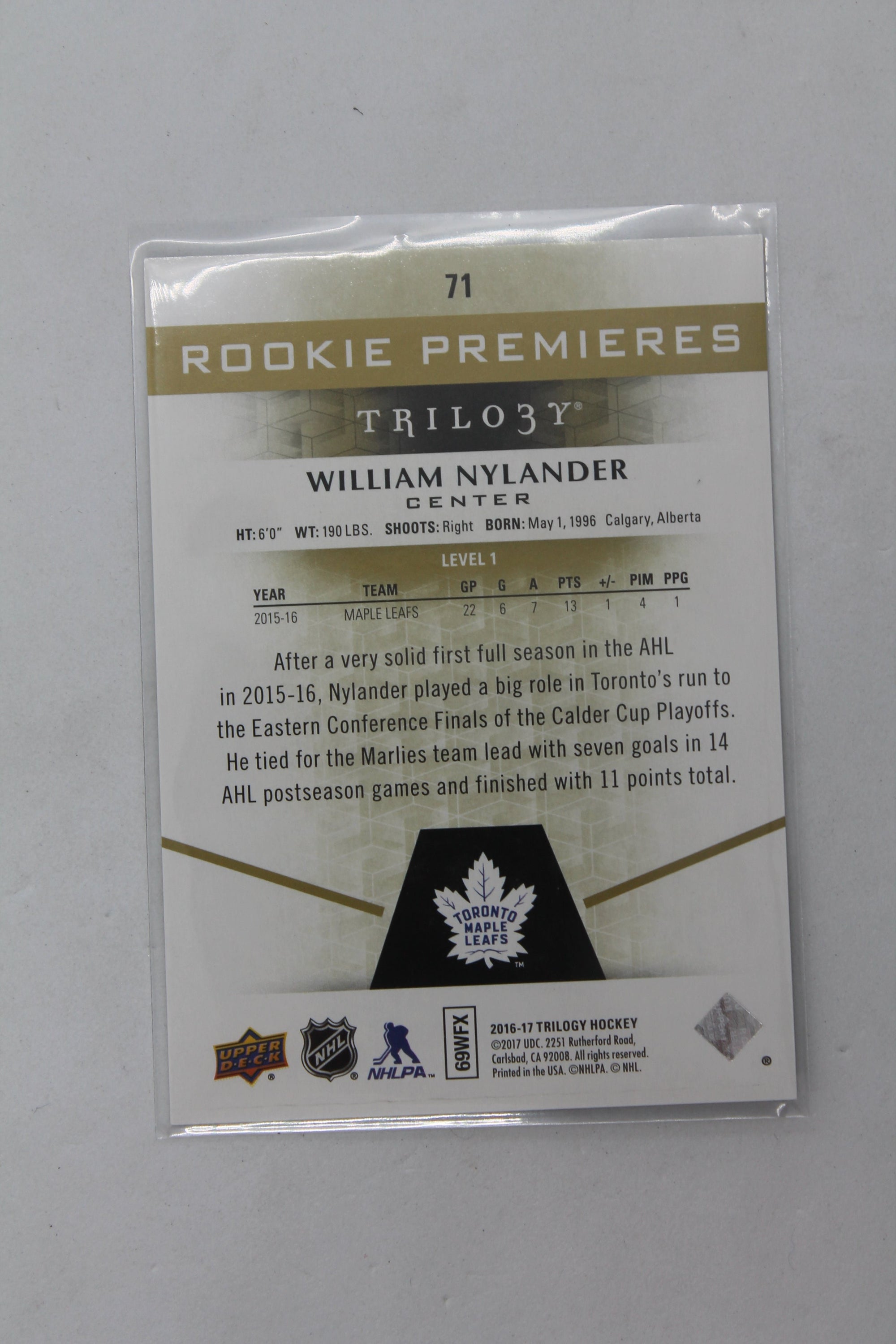 William Nylander 2016-17 Upper Deck Trilogy - Rookie Premiere Level 1 Rookie Card #037/999