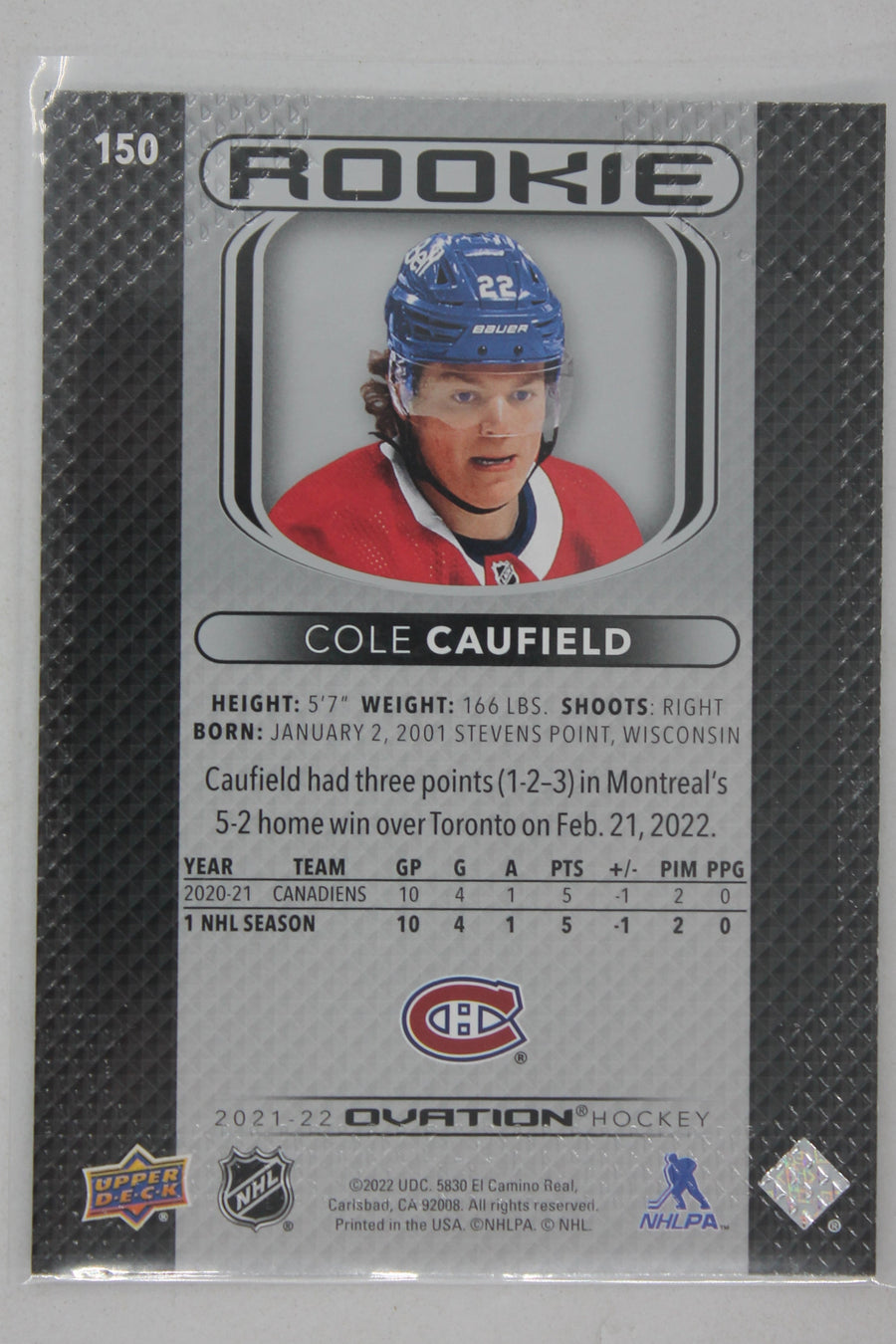 Cole Caufield 2021-22 Upper Deck Ovation Rookies Rookie Card