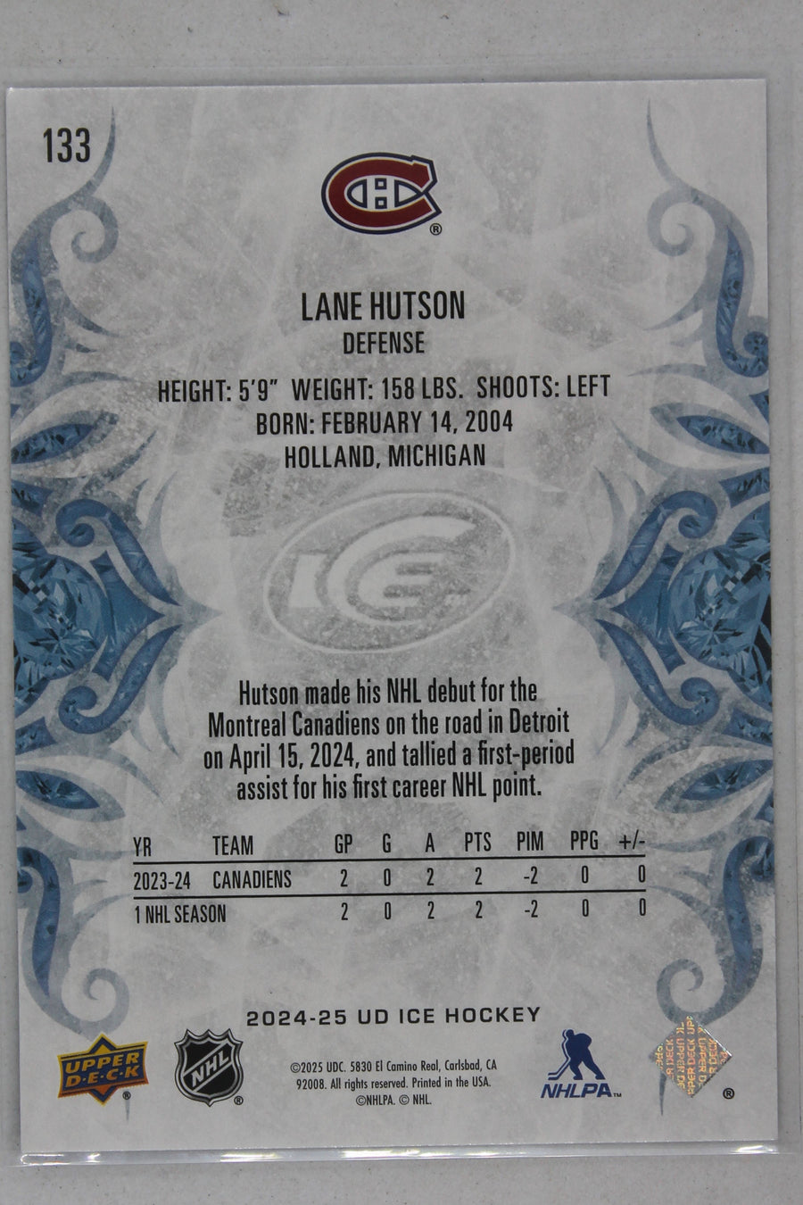 Lane Hutson 2024-25 Upper Deck Ice Rookies Rookie Card