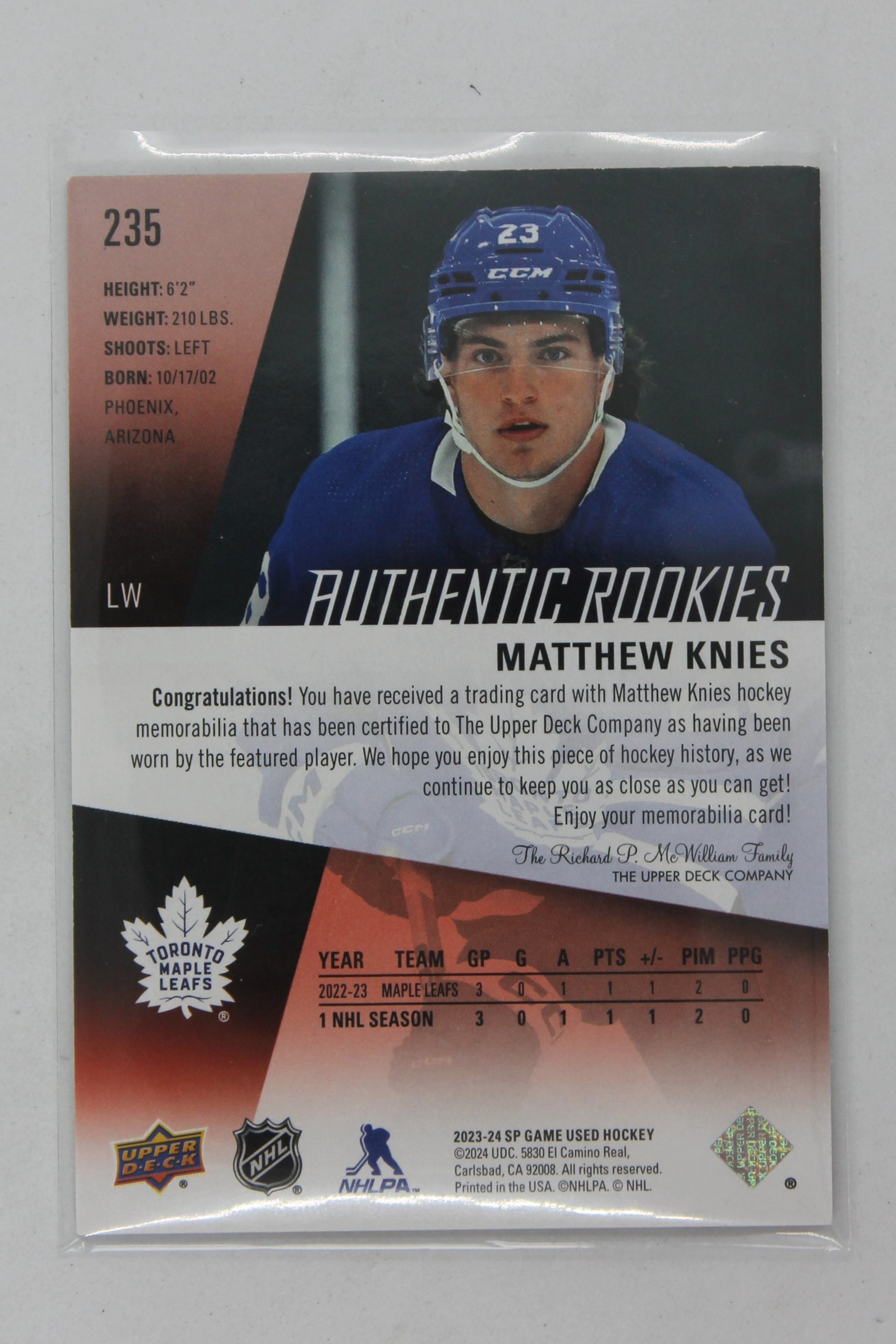 Matthew Knies 2023-24 Upper Deck SP Game-Used Jersey Rookie Card