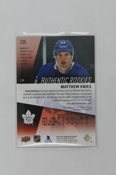 Matthew Knies 2023-24 Upper Deck SP Game-Used Jersey Rookie Card