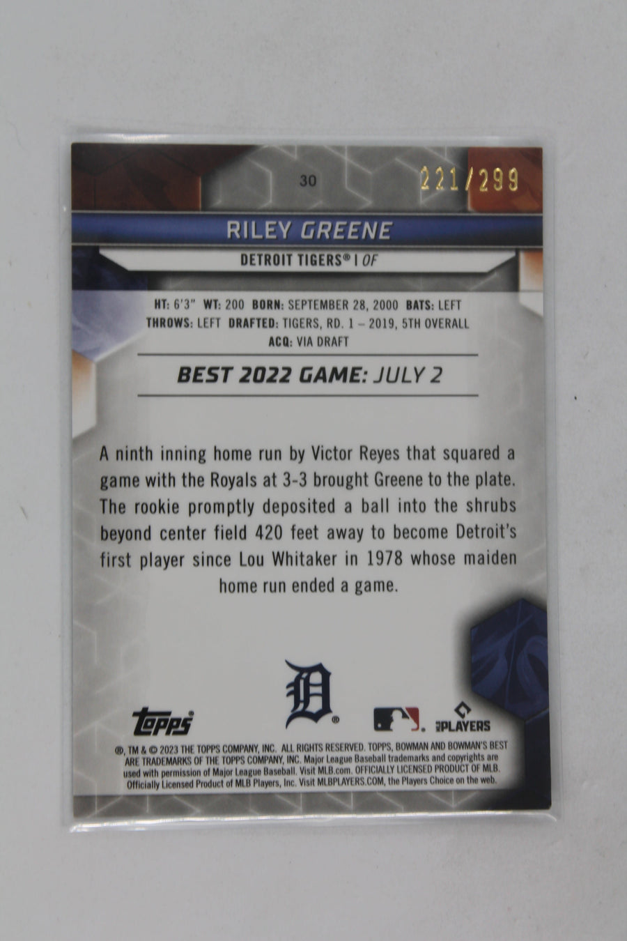 Riley Greene 2023 Bowman's Best Mini Diamond Refractor Rookie Card #221/299