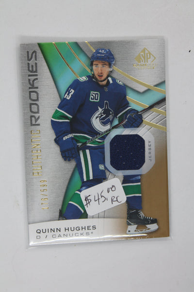 Quinn Hughes 2019-20 Upper Deck SP Game Used - Gold Jersey Relics #183 Authentic Rookies - RC #176/599