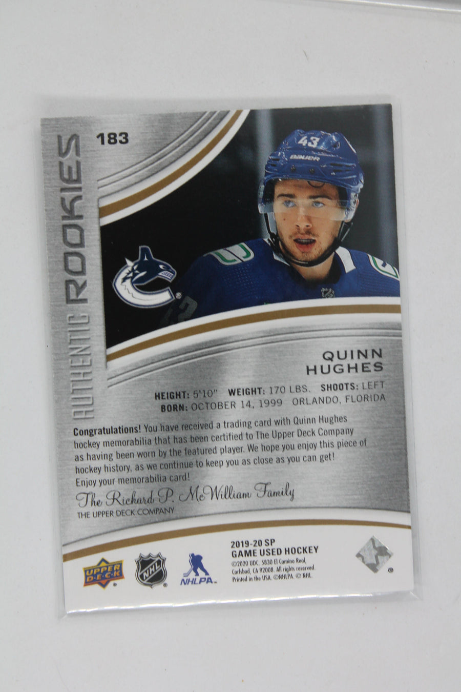 Quinn Hughes 2019-20 Upper Deck SP Game Used - Gold Jersey Relics #183 Authentic Rookies - RC #176/599