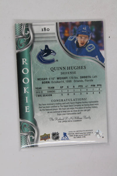 Quinn Hughes 2019-20 Upper Deck Artifacts - Gold Material Rookies - RC #382/499