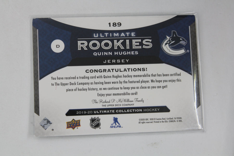 Quinn Hughes 2019-20 Upper Deck Ultimate Collection - Jerseys Ultimate Rookies - RC #240/399