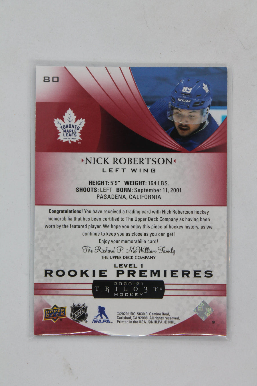 Nick Robertson 2020-21 Upper Deck Trilogy - Red Foil Jerseys - Rookie Premieres RC - #97/499