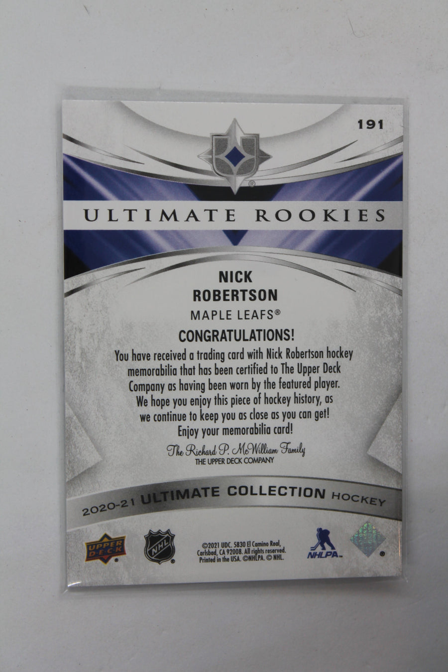 Nick Robertson 2020-21 Upper Deck Ultimate Collection - Jersey Relics - Ultimate Rookies RC -  #290/449