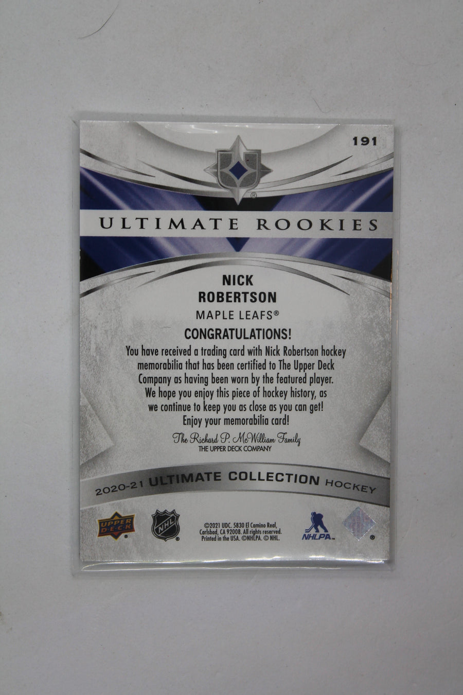 Nick Robertson 2020-21 Upper Deck Ultimate Collection - Jersey Relics - Ultimate Rookies RC -  #51/449