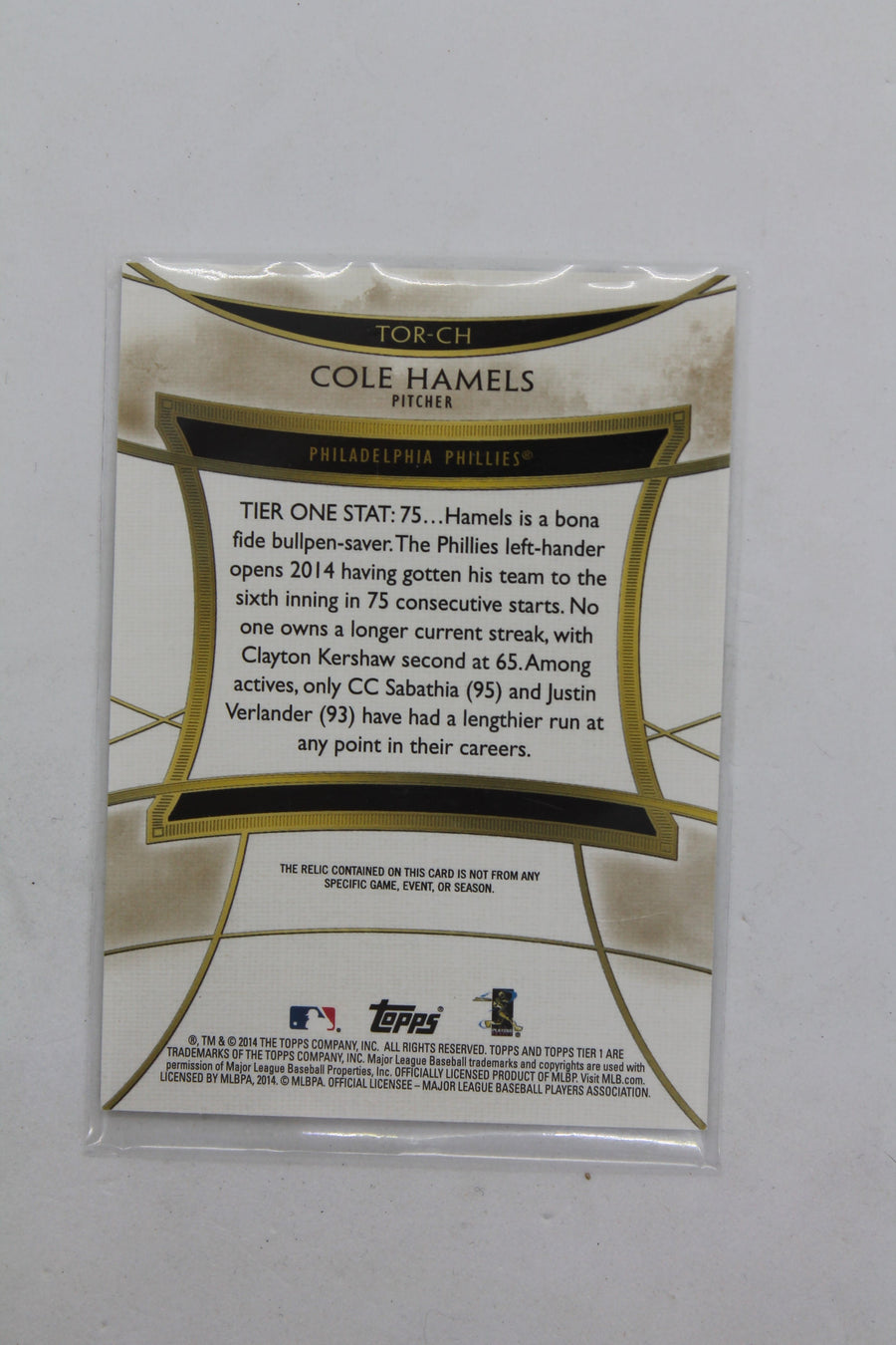 Cole Hamels 2014 Topps Tier One - Relics Bat Card  #054/299