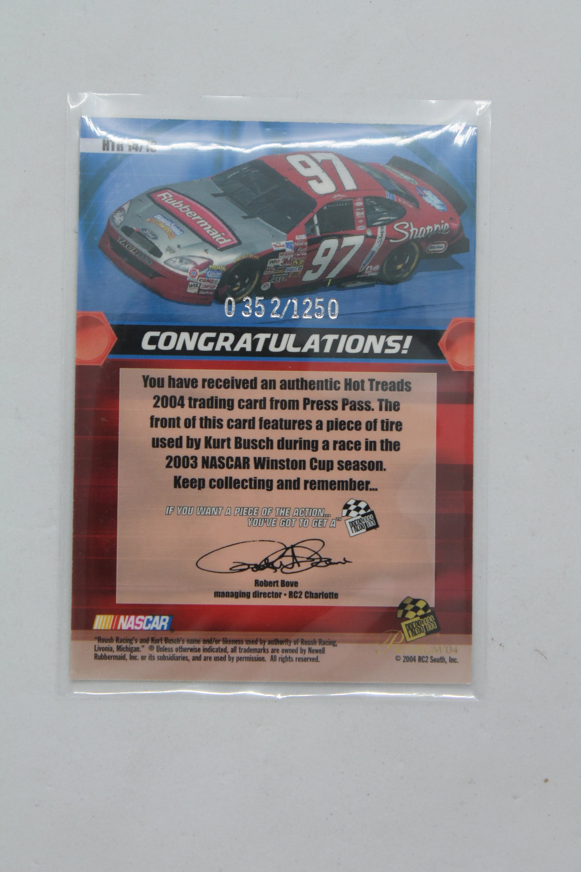 Kurt Busch 2004 Press Pass - Burnouts Race-Used Tire #HTR 14  #0352/1,250