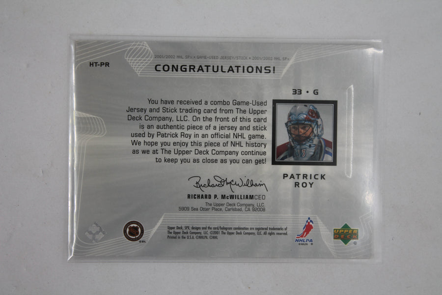 Patrick Roy  2001-02 SPx - Hockey's Treasures Jersey & Stick Card