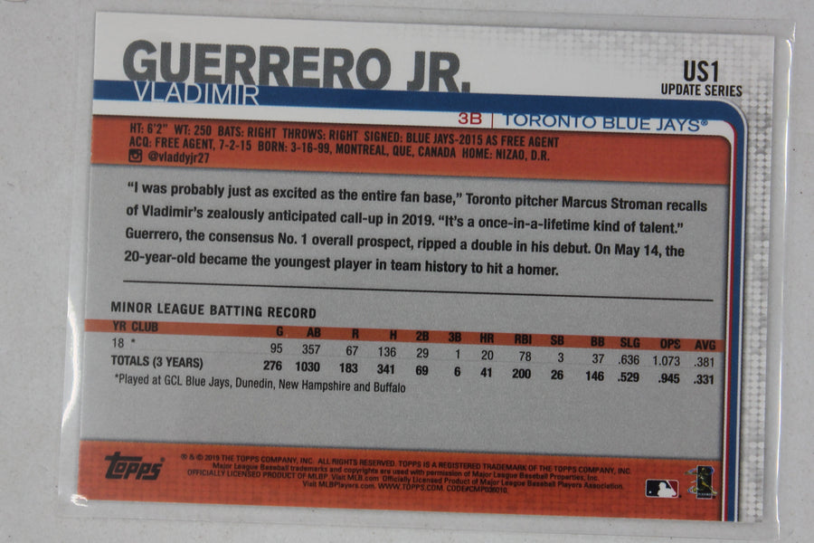 Vladimir Guerrero Jr. 2019 Topps Update Throwing Rookie Card #US1.1