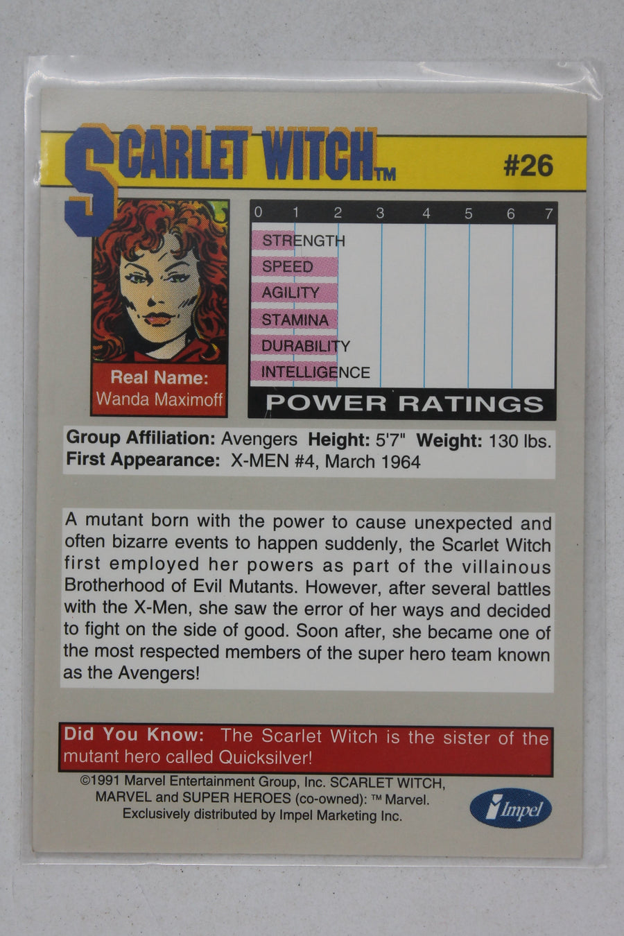 Scarlet Witch 1991 Marvel Universe Series 2 (Impel) BASE Trading Card #26