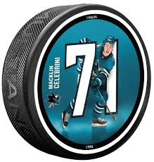 NHL San Jose Macklin Celebrini #71 Hockey Puck in Puck Case