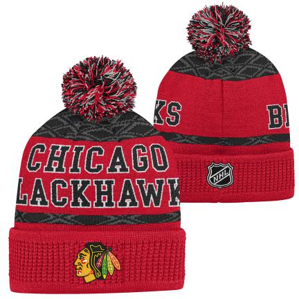 NHL Chicago Blackhawks Youth Puck Pattern Toque with Pom