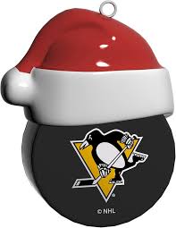 NHL PIttsburgh Penguins Puck with Santa Hat Logo Ornament