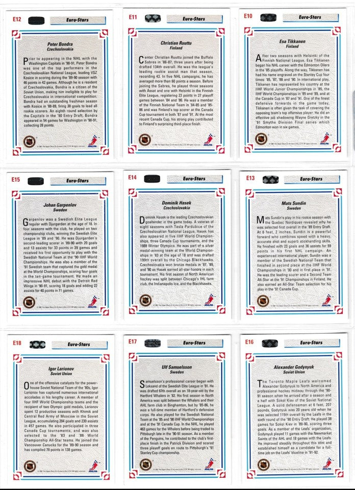 1991-92 UPPER DECK EURO-STARS COMPLETE 18-CARD SET – ENGLISH