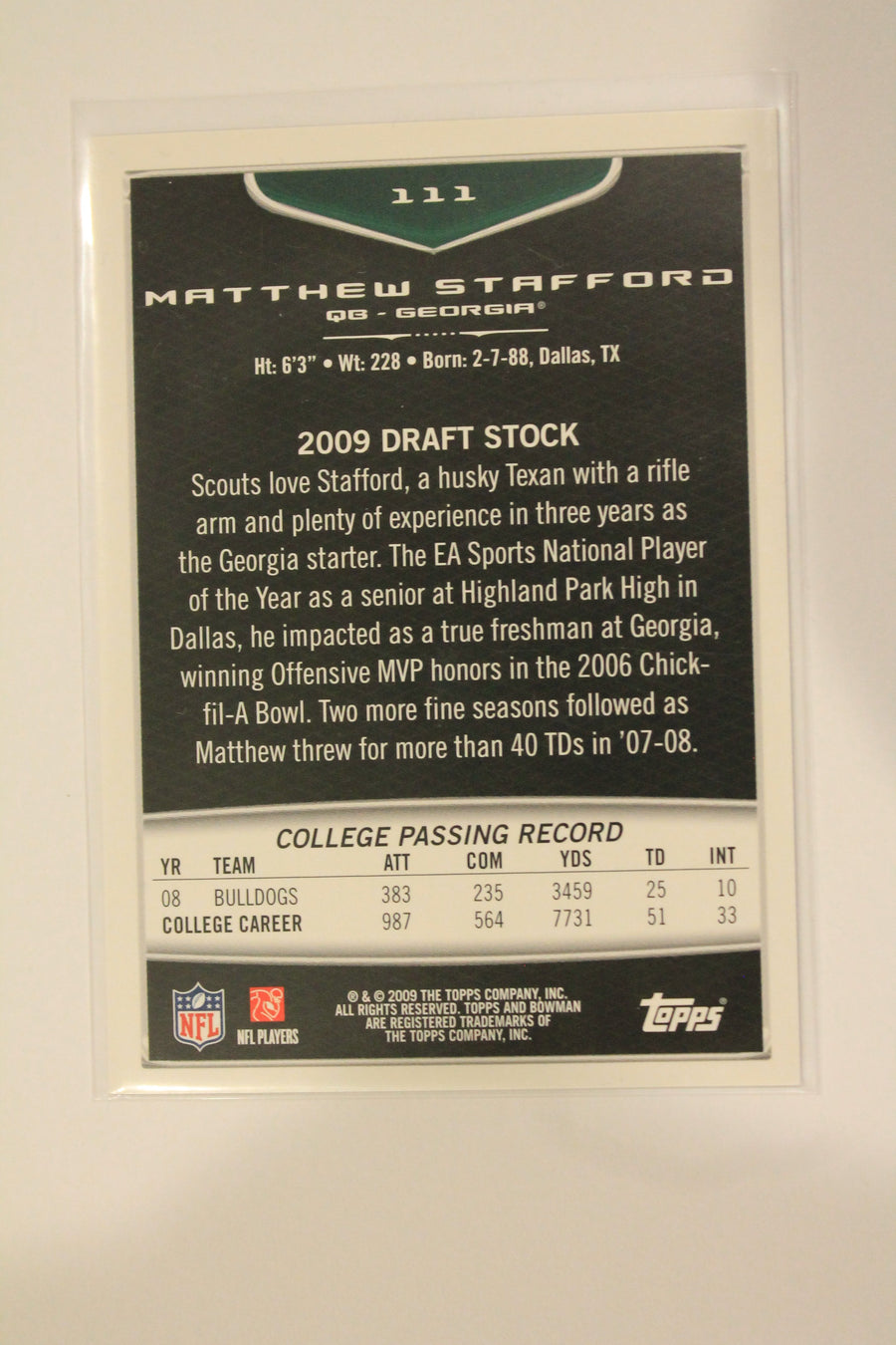 Matthew Stafford 2009 Bowman Draft Picks Rookie Card