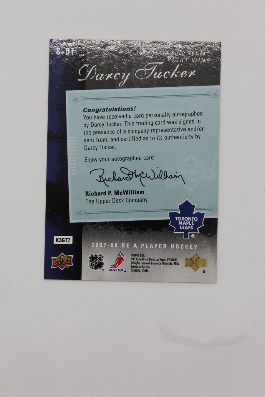 Darcy Tucker 2007-08 Upper Deck Be a Player - Signatures - Autographed Card