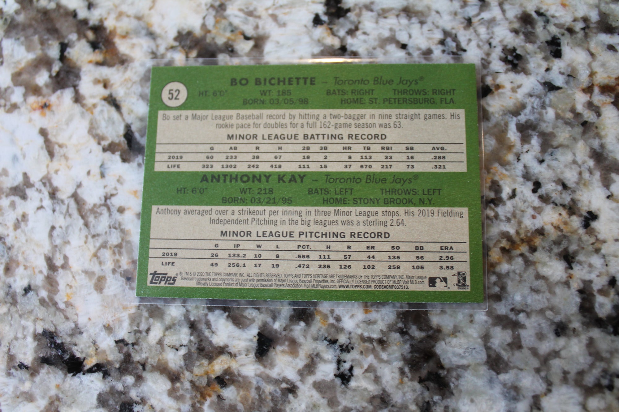 Bo Bichette and Anthony Kay 2020 Topps Heritage Rookie Card