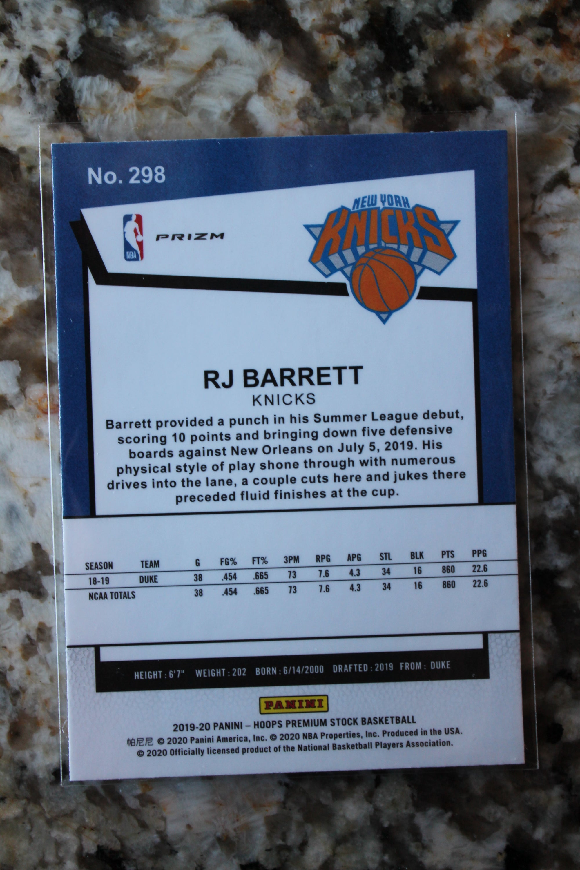 RJ Barrett 2019-20 Panini NBA Hoops Premium Stock Rookie Card