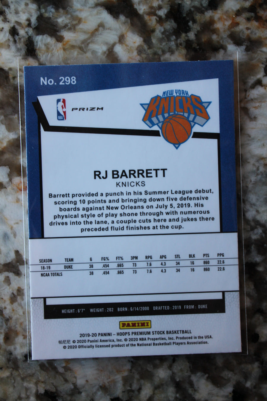 RJ Barrett 2019-20 Panini NBA Hoops Premium Stock Rookie Card