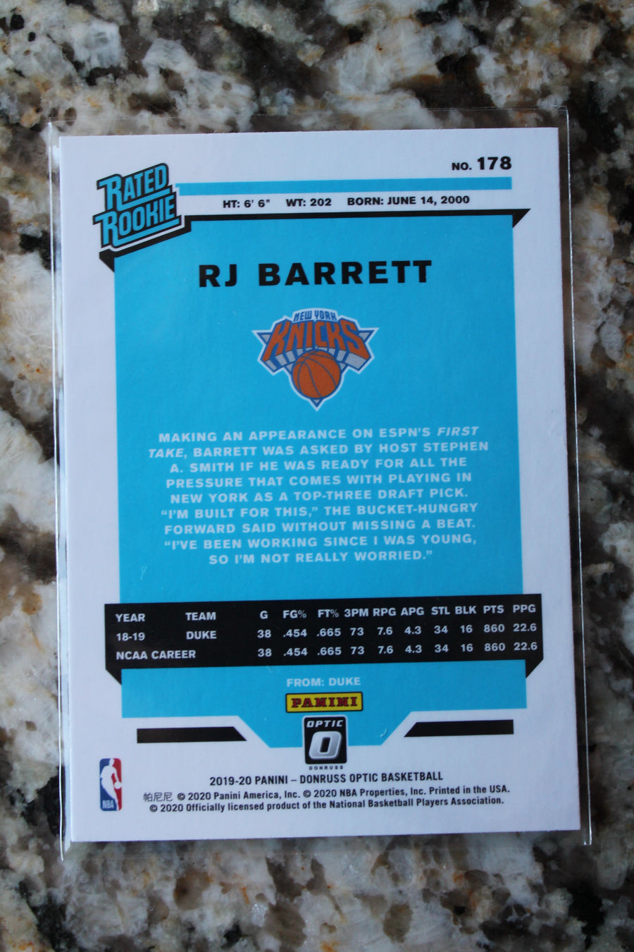 RJ Barrett 2019-20 Panini Donruss Optic Rated Rookie Card