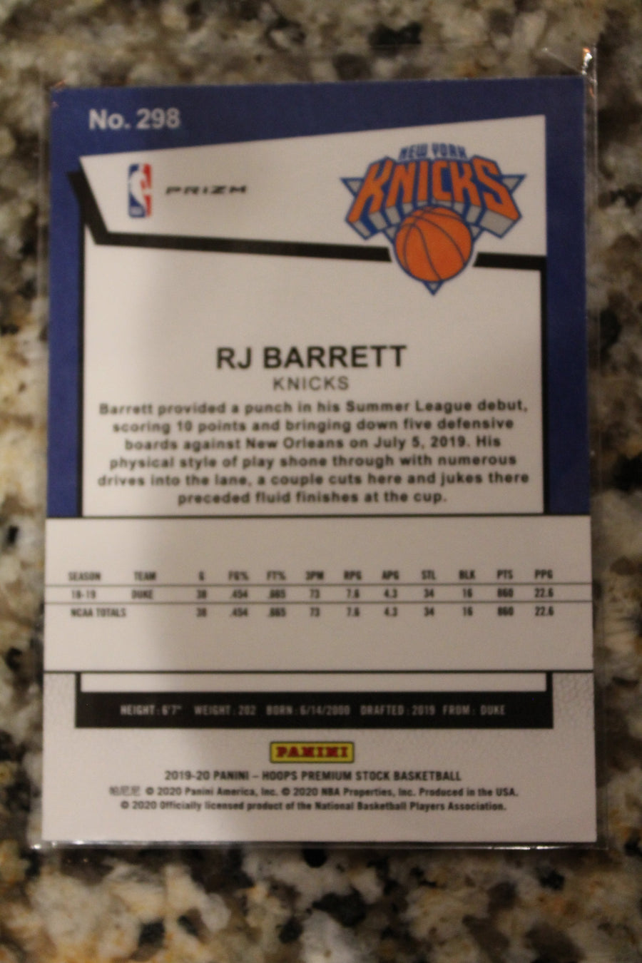 RJ Barrett 2019-20 Panini NBA Hoops Premium Stock Purple Disco Prizm Rookie Card