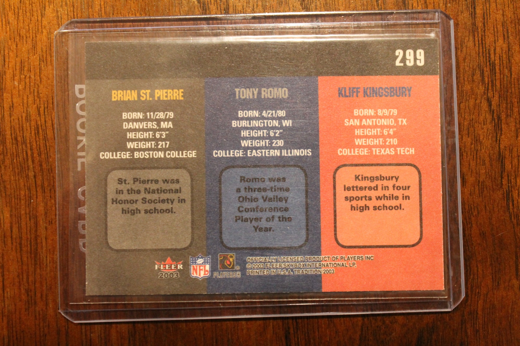 Tony Romo, Kliff Kingsbury, Brian St. Pierre  2003 Fleer Tradition Rookie Card