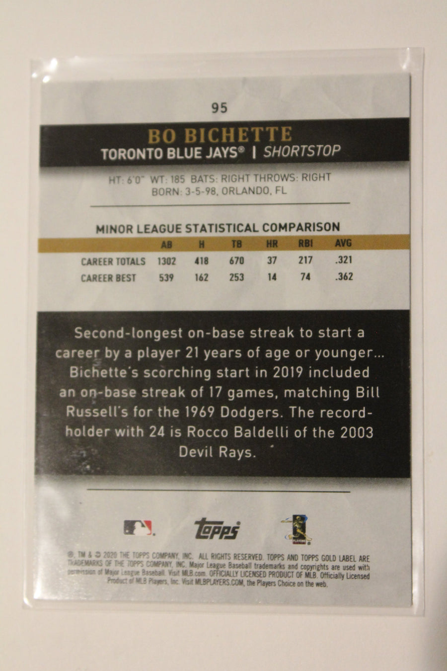 Bo Bichette 2020 Topps Gold Label Rookie Card