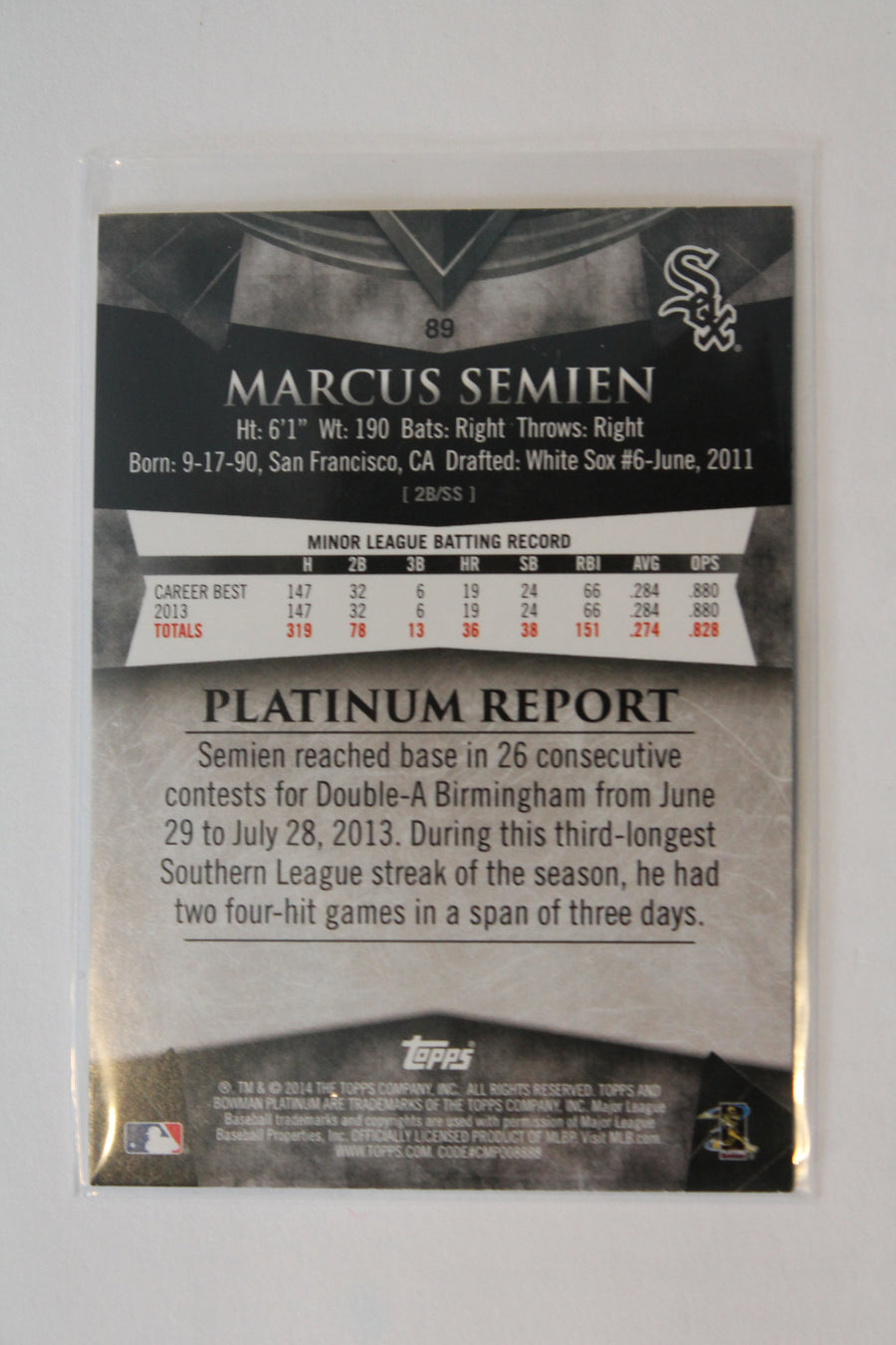 Marcus Semien 2014 Bowman Platinum Blue Sapphire Rookie Card