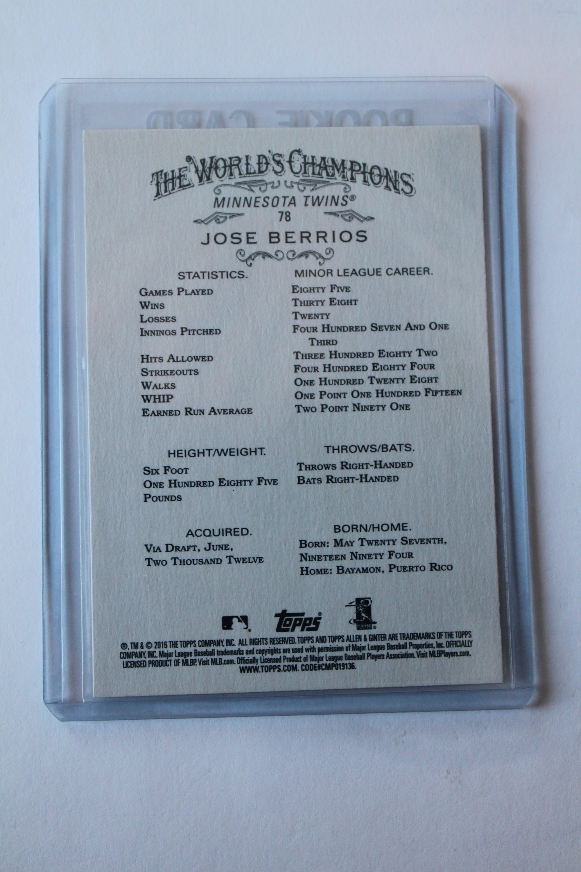 Jose Berrios 2016 Allen & Ginter Rookie Card