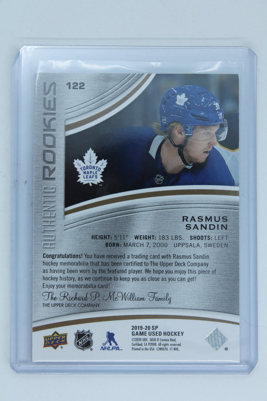 Rasmus Sandin 2019-20 Upper Deck SP Game-Used Gold Jersey Rookie Card #336/599