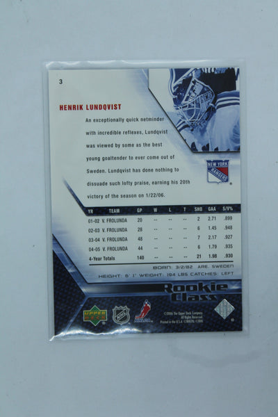 Henrik Lundqvist 2005-06 Upper Deck Rookie Class - Rookie Year Card