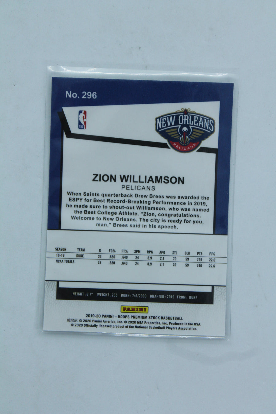Zion Williamson 2019-20 Panini NBA Hoops Premium Stock Rookie Card