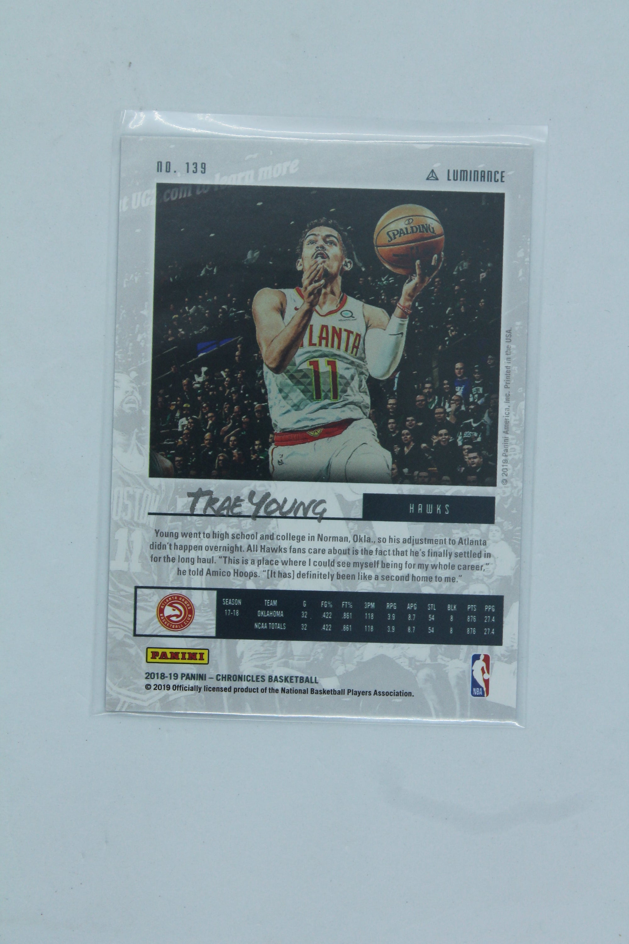 Trae Young 2018-19 Panini Chronicles Luminance Rookie Card