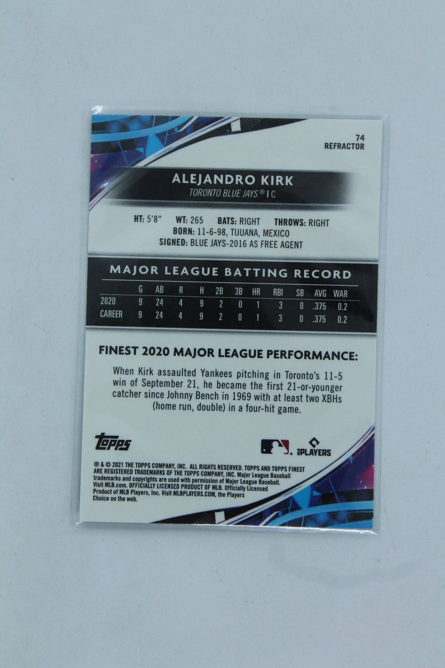 Alejandro Kirk 2021 Topps Finest Refractor Rookie Card