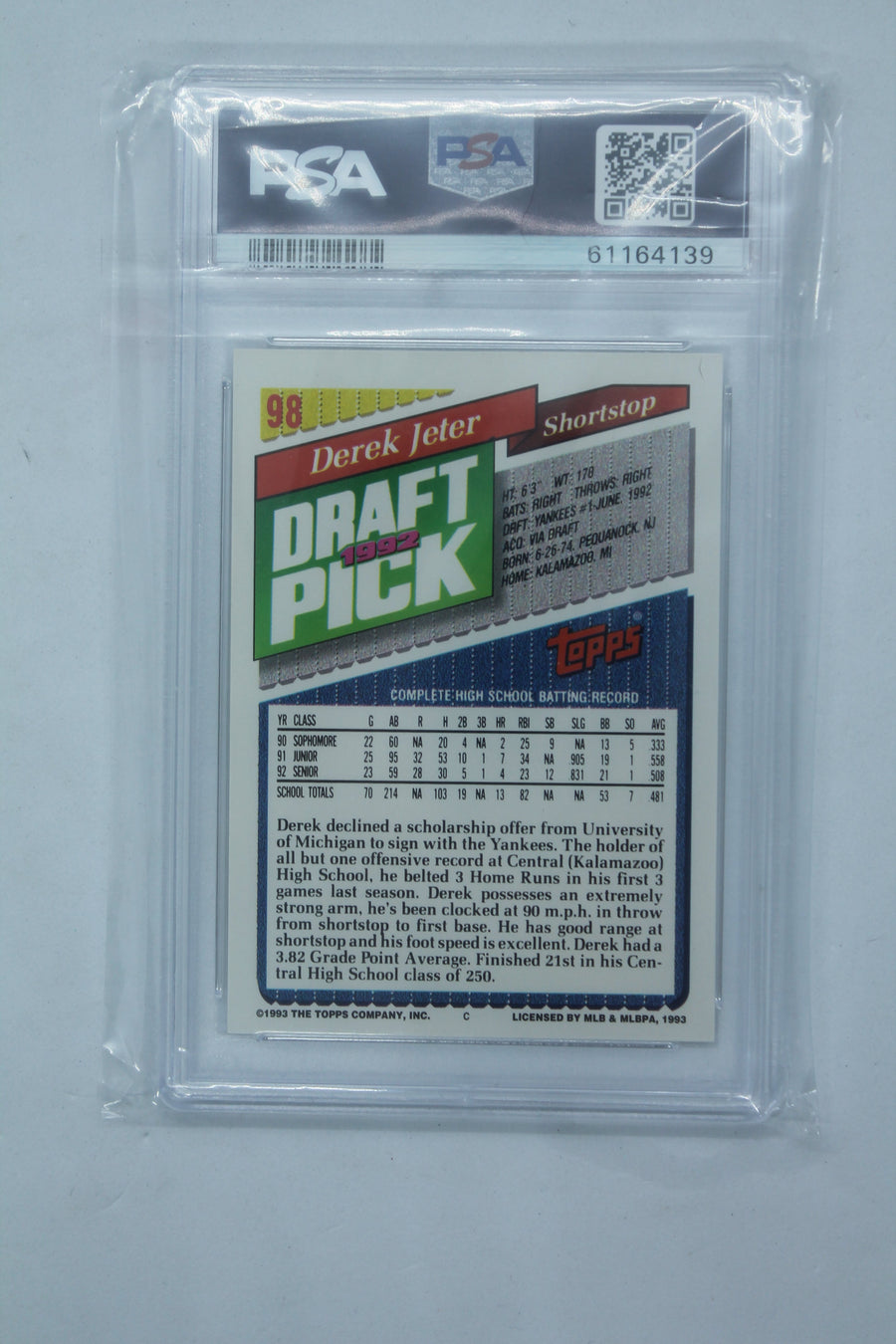Derek Jeter 1993 Topps Rookie Card - PSA 8 NM-MT