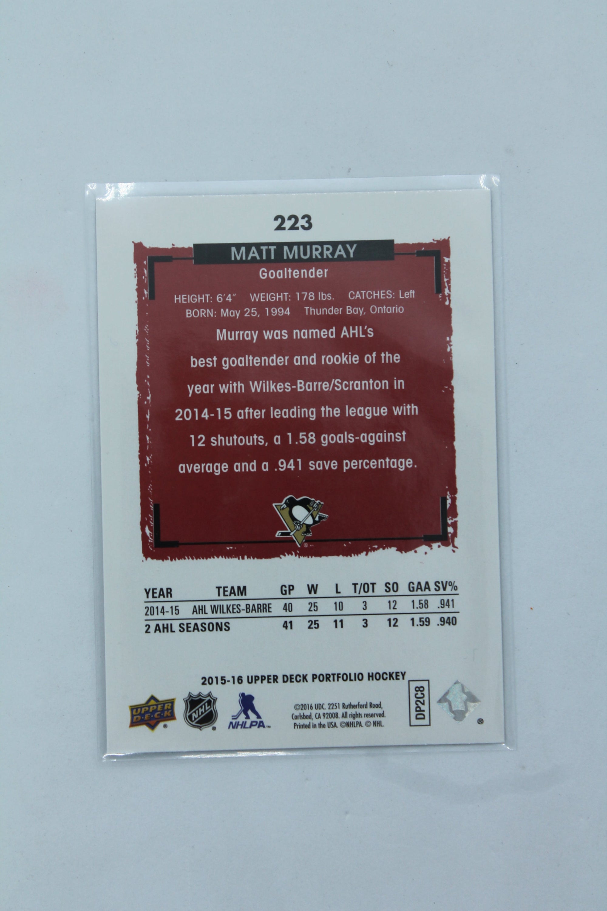 Matt Murray 2015-16 Upper Deck Portfolio - [Base] #223 Rookie Color Photos Rookie Card