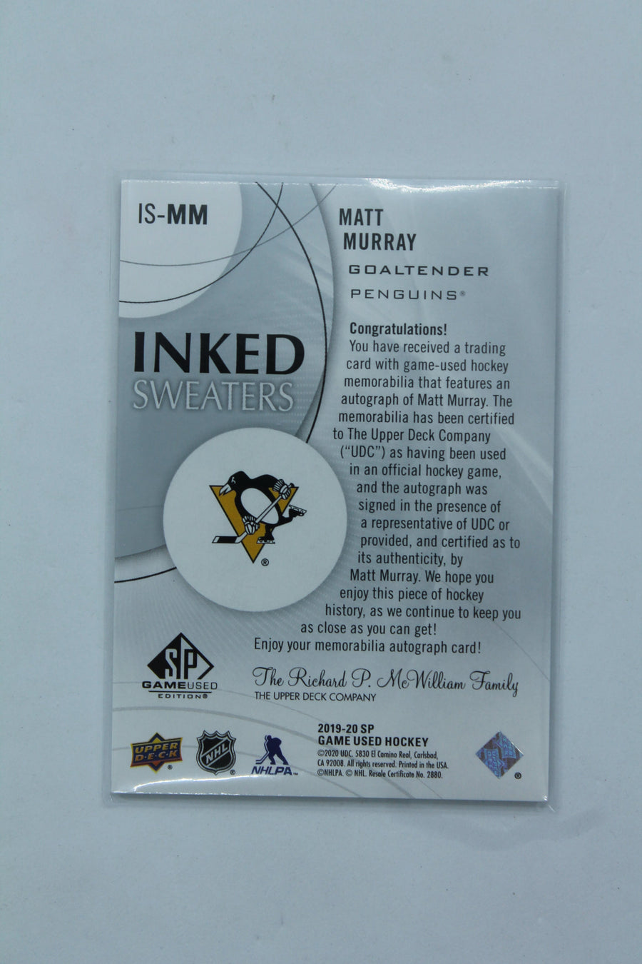 Matt Murray 2019-20 Upper Deck SP Game Used - Inked Sweaters #IS-MM #85/99