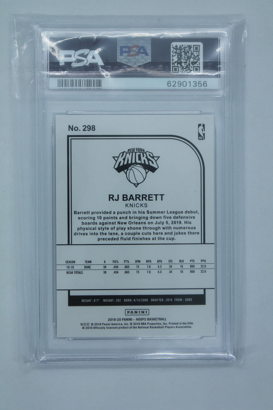RJ Barrett 2019-20 Panini NBA Hoops Tribute Rookie Card - PSA MINT 9