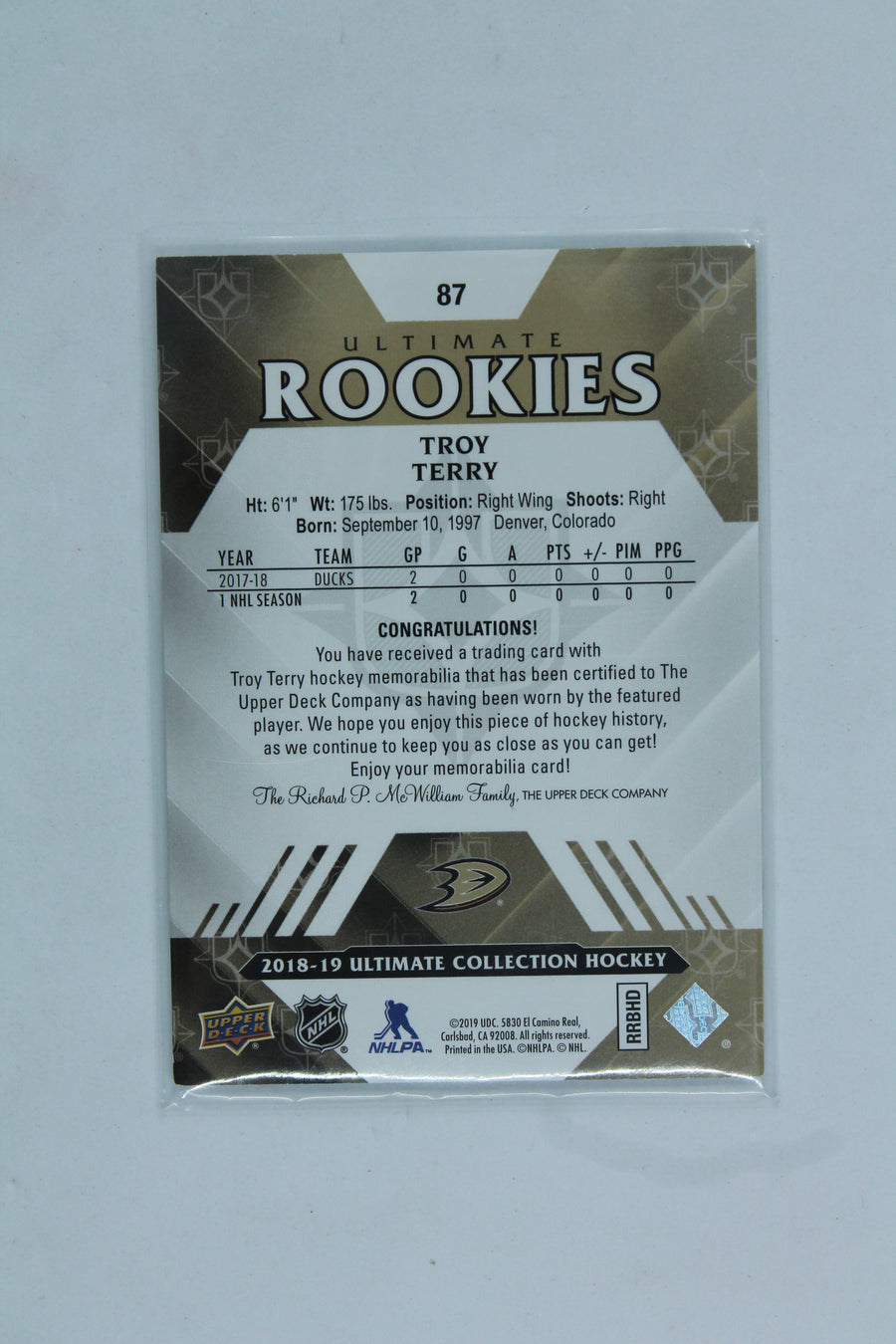 Troy Terry 2018-19 UD Ultimate Collection - Jerseys #87 Ultimate Rookies -  #366/399  - RC