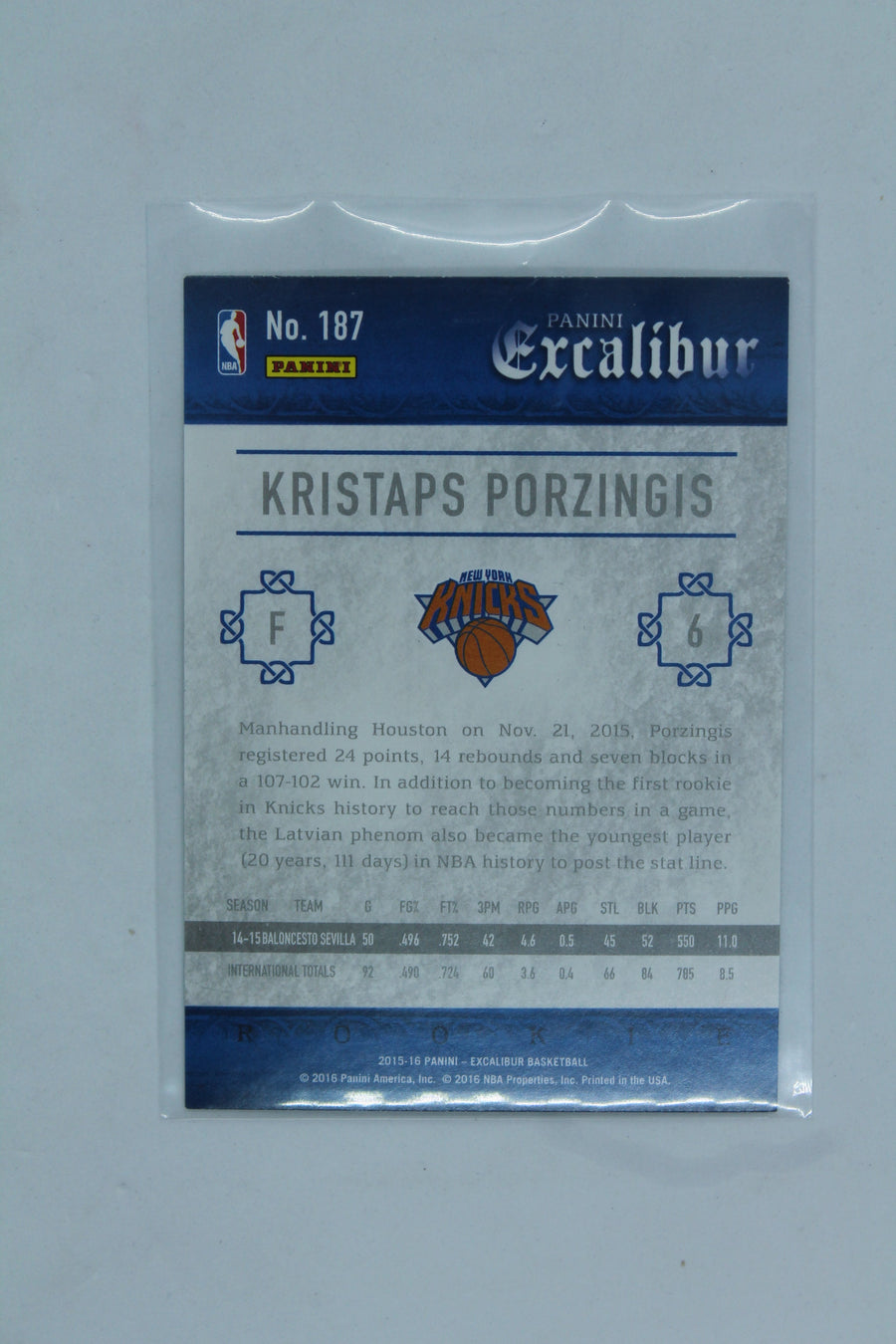 Kristaps Porzingis 2015-16 Panini Excalibur Rookies Rookie Card - New York Knicks