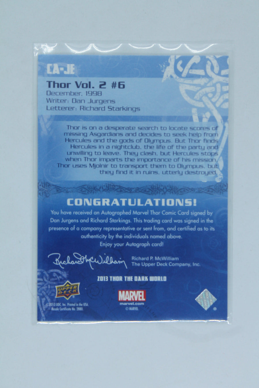 2013 Upper Deck Marvel Thor: The Dark World - Cover Autographs #CA-JE Thor Vol. 2 #6 by Dan Jurgens, Richard Starkings