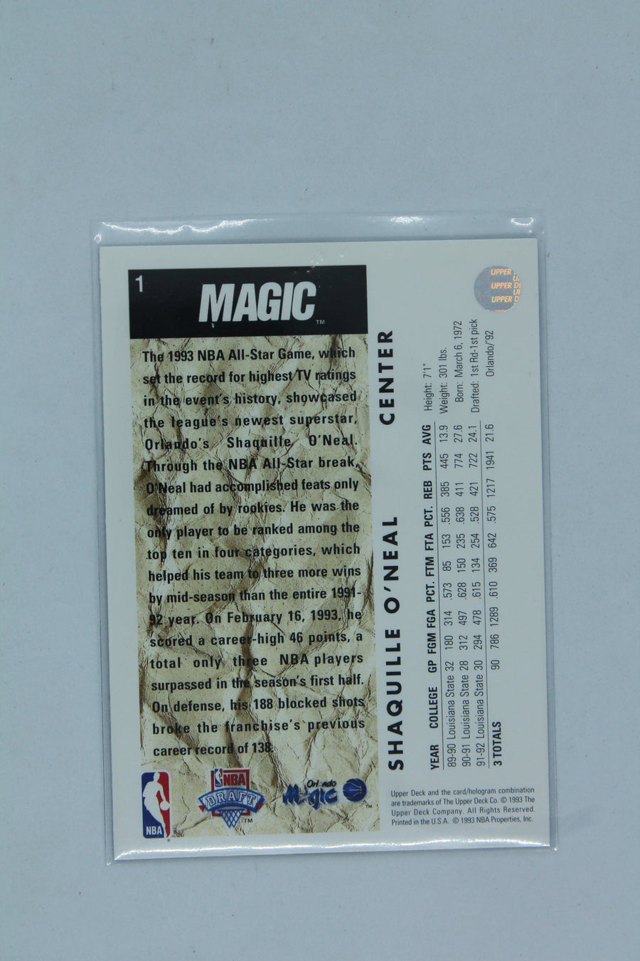 Shaquille O'Neal Upper Deck Trade Card Rookie Card