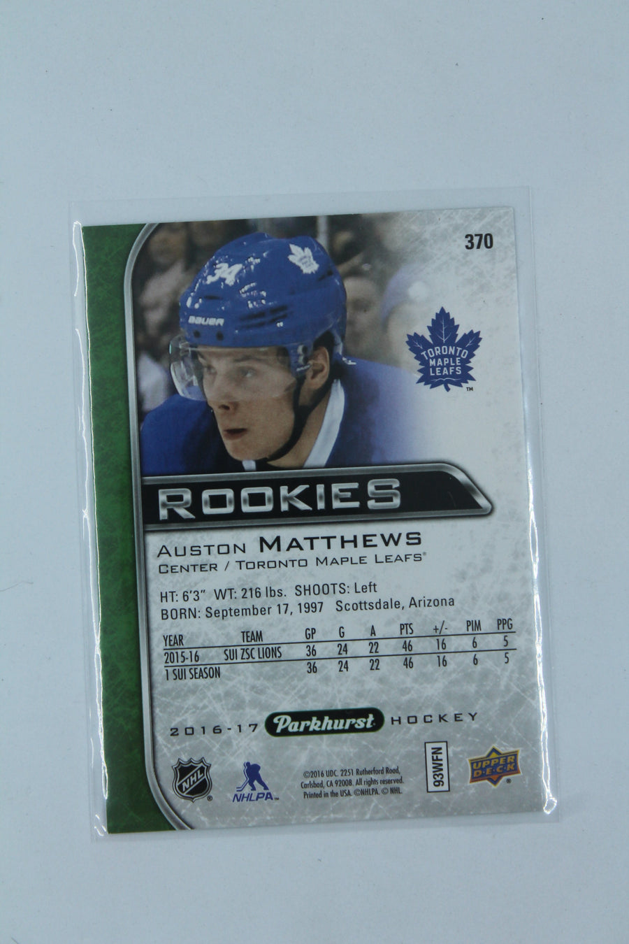 Auston Matthews 2016-17 Upper Deck Parkhurst Rookie Card