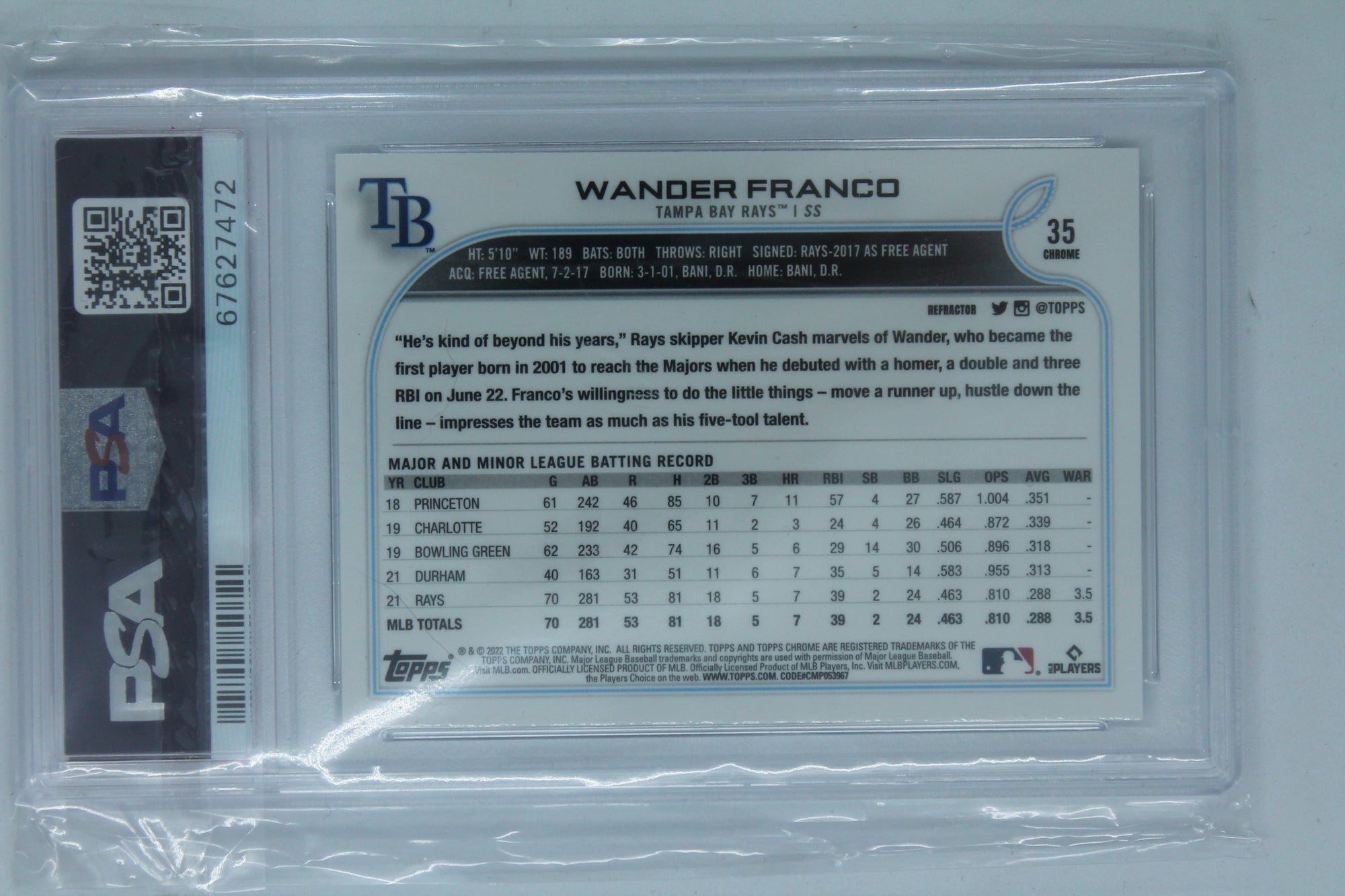 Wander Franco 2022 Topps Chrome Refractor Rookie Card PSA Mint 9