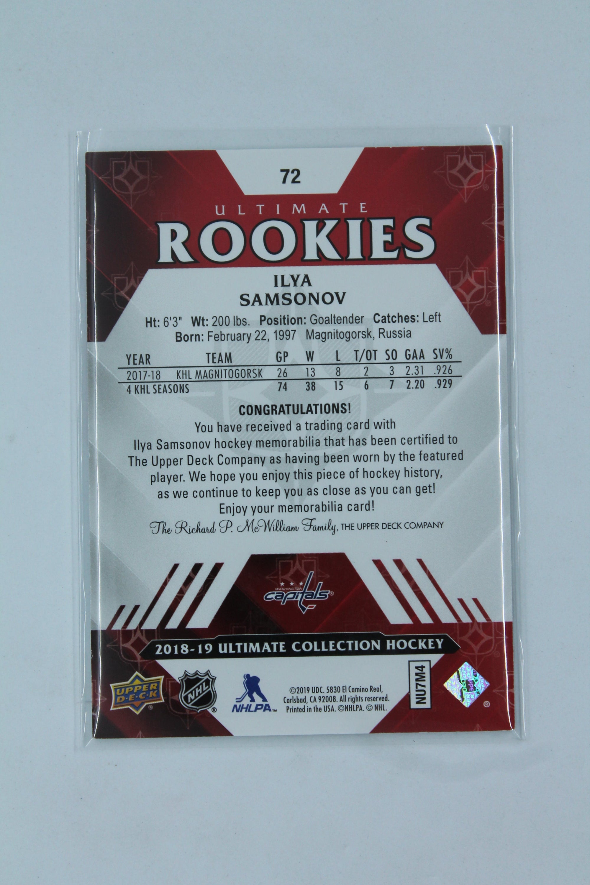 Ilya Samsonov 2018-19 UD Ultimate Collection Rookie Card #212/399